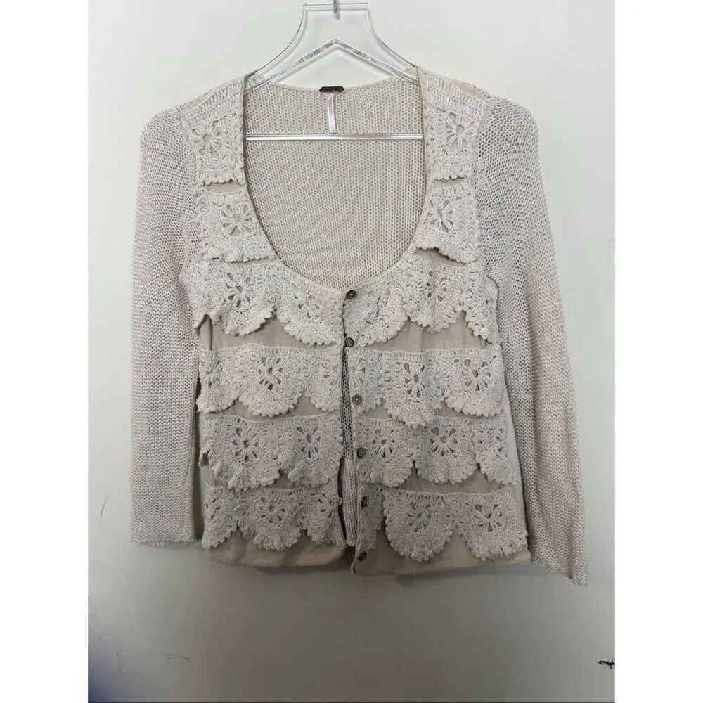 Free People Cream Crochet Lace Button Front Cardigan Boho Romantic Layer Small